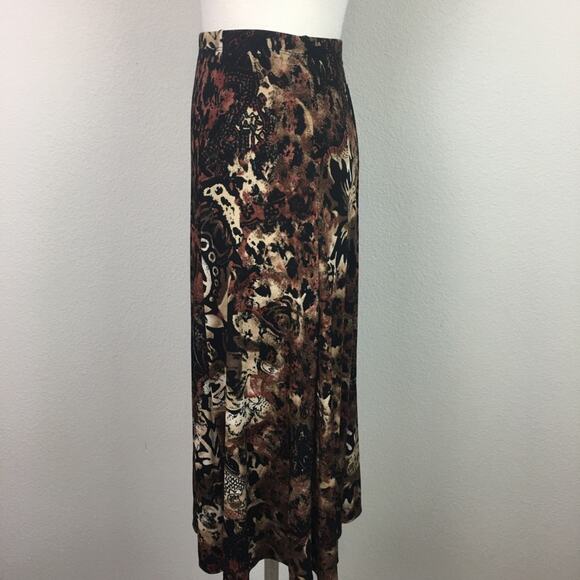 Chico's Travelers  Brown Animal Print Paisley Floral Slinky Knit Midi Skirt 2 - Picture 3 of 5